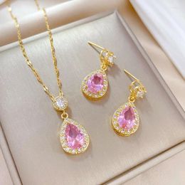 Pendant Necklaces Fashionable And Sweet Style Pink Drop-shaped Zircon Micro-paved Rhinestone Frame Necklace Earrings Jewellery Set