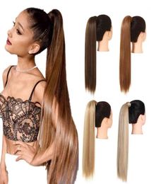 Straight Ponytail Hair Extension Clip in Fake Wig Hairpiece Synthetic Blonde Wrap Around Pigtail Long Smooth Overhead Pony Tail4010022