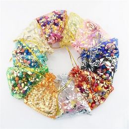 Colorful Gold Rose Transparent Packs Drawstring Pouch Sachet Organza Gift Bag For Jewelry Wedding Party Beads Packing GB397330j