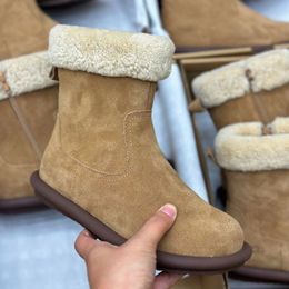 Women Australian Boots Winter Suede Leather Wool Fur Ankle Snow Boot Flat Mules Warm Comfortable Side Zipper Mid-calf Booties Chestnut Size 35-40