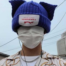 Beanie Cute Fashion Hooded Cap Loverboy Cat Ear Knit Hat Doublelayer Warm Pig Woollen Niche Design Hiphop Personality Cold Y22097005600