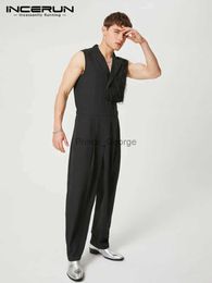 Men's Pants INCERUN 2023 American Style Men's All-match Hot-selling Rompers Casual Solid Sleeveless Suit Collar Waist Hollow Jumpsuits S-5XLL2402