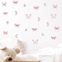 17pcs Watercolor Soft Pink Flying Butterflies Pattern Wall Stickers for Kids Room Baby Nursery Room Girl Room Wall Decals Decor