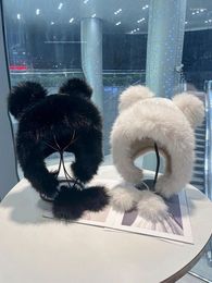 Berets Imitation Mink Plush Hat Female Cute Bear Ear Protective Outdoor Riding Thickened Warm Thunder Feng Winter