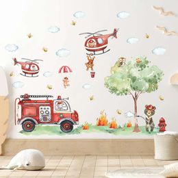 Cartoon a Groucartoon Animal Fireman Helicopter Fire Truck Wall Stickers for Kids Room Bedroom Nursery Decoration Wall Decals