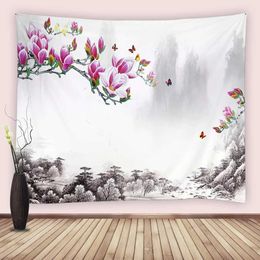 Tapestries Chinese Style Ink Painting Tapestry Pink Flowers Bird Landscape Mountain Butterfly Wall Hanging Fabric Bedroom Living Room Decor