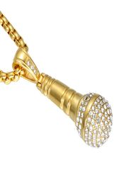 HIP Hop Gold Color Titanium Stainless Steel Ice Out Bling Music Stereoscopic Microphone Pendant Necklace for Men Jewelry55039433097784