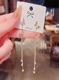 Stud Korean Style Design Sense Microinlaid Zircon Butterfly Earrings Sweet And Lovely Long Tassel For Women3295463