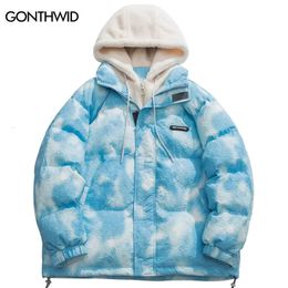 Men's Down Parkas Men Winter Hooded Parka Jackets Streetwear Hip Hop Tie Dye Fuzzy Fluffy Hood Thick Warm Coats Harajuku Fashion Casual Outdoor 231212