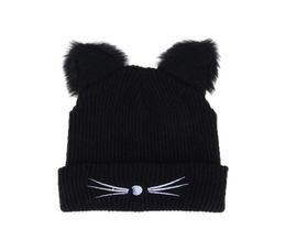 Warm Winter Hat For Women Cute Cat Ears Hat Skullies Hats Pompom Caps Female Bonnet Femme Woolen Black Knitting Braided Fur Hat Y16459997