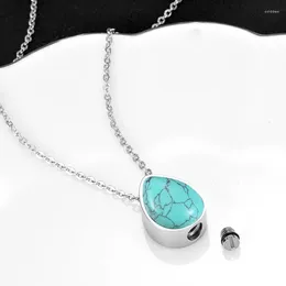 Pendant Necklaces Cremation Turquoise Stone Necklace For Ashes Stainless Steel Water Drop Urn Memorial Ash Holder Keepsake