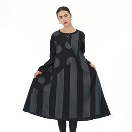 Korean polka dot vertical bar design sense splicing dress autumn and winter new plus-size women loose and thin