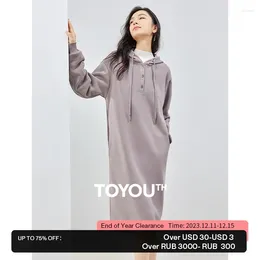 Casual Dresses Toyouth Women Mid Length Hooded Dress 2023 Winter Long Sleeve Drawstring Neckline With Button H-shaped Purple Skirt