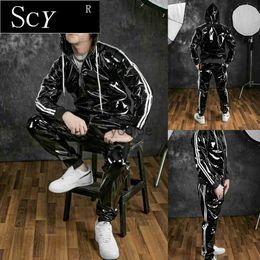 Men's Tracksuits Men's and women's PU leather Hoodie suit leisure sportswear Hoodie jogging suit sportswear men's suit bright leather sportswear J231213