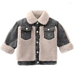 Jackets 2023 Winter Warm Fashion 110-160cm Tall Children Thickening Denim Patchwork Plus Velvet Jacket Coat For Kids Baby Boys Girl