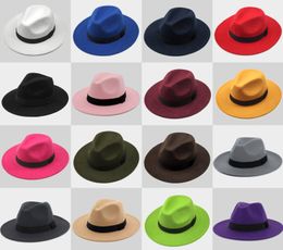 New Fashion TOP hats for men women Elegant fashion Solid felt Fedora Hat Band Wide Flat Brim Jazz Hats Stylish Trilby Panama Cap8672735