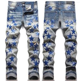 Men's Jeans Vintage Blue Skinny Men Slim Trousers Fashion Leather Star Patch Ripped Homme Distressed Stretch Denim Pants