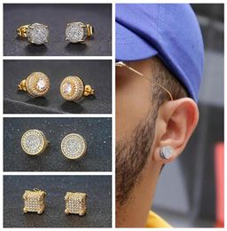 Mens Hip Hop Iced Out Bling CZ Stud Earrings Geometric Square Round Gold Colour Micro Pave Cubic Zircon Studs Earring for Men Women9319360