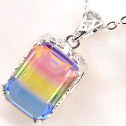 12 pcs lot For Women Rectangle Gradient Rainbow Bi-Colored Tourmaline Gift 925 sterling Silver Necklace Pendants Jewellery 10 14 mm310o