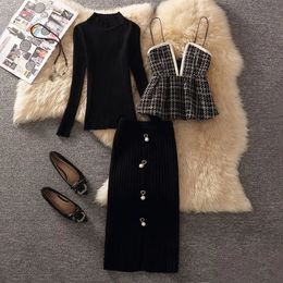 Two Piece Dress Office Ladies Work Suit Winter Sweater Plaid Tweed Vest Top And Knitted Wrap Skirt Three Piece Set For Women Elegant Outfis 231212