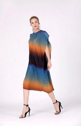 Party Dresses SELLING Summer Miyake Pleated One-piece Dress Medium-long O-neck Batwing Sleeve Asymmetrical Loose IN STOCK