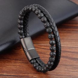 Men Beacelets Natural Volcano Stone Leather Magnetic-clasp Cowhide Braided Trendy Bracelet Armband Pulsera Hombre Drop288f