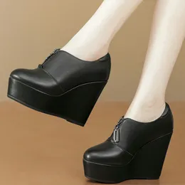 Dress Shoes Platform Oxfords Women Genuine Leather Super High Heels Pumps Female Shallow Round Toe Wedges Ankle Boots Casual