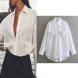 Basic Casual Dresses TRAF White Shirt Women 2023 Fashion Lapel Studded Pocket Button Blouse Autumn Elegant Women s Oversized Shirts Long Sleeve Top 231213