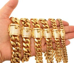 10mm18mm wide Yellow Gold Plated CZ Lock Stainless Steel Cuban Miami Chains Necklaces Bracelet for Men Hip Hop Rock Jewelry2449305