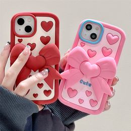 3D Cute Bowknot Folding Bracket Kickstand Soft Silicone Phone Case for iPhone 11 12 13 14 15 Pro Max Heart New Year Cover Shell 1pc