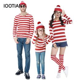 Family Matching Outfits SXXL ParentChild Cartoon Where is Wally Waldo Costume Book Week Cosplay Outfit Stripe Shirt Hat Glasses Kit 231212