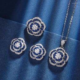 Necklace Earrings Set Blue 5A Cubic Zircon Rose Flower Pendant Adjustable Ring Women Elegant Jewellery Cocktail Giant Accessories Gift