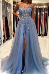 Blue Tulle Fantastic Prom Dresses Sexy A Line Spaghetti V Neck Appliques Beads Front Split Evening Gowns ppliques