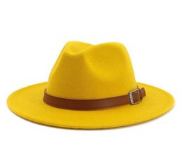 Trendy Handmade Plain Dyed Flat Brim Wool Felt Fedora Jazz Hats for Women Men Casual Panama Trilby Gambler Hat Belt Buckle Decor9872617