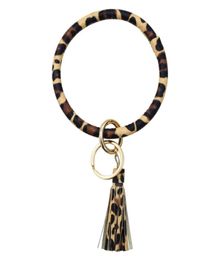 Leopard Print PU Leather Keychain Bracelet Bangle Keyring Circle Key Ring Leather Tassel Bracelet Holder Fashion Jewelry4095167