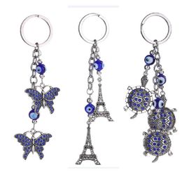 Lucky Butterfly and Evil funny Eye Good Luck Keychain Ring Handbag Charm crystal Eiffel Tower Pendant Purse Bag Keyring Gift2280726