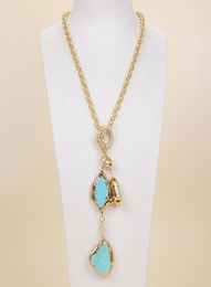 GuaiGuai Jewellery White Biwa Pearl Turquoise Lariat Chain Necklace For Women Real Gems Stone Lady Fashion Jewellery6546774