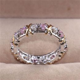 Lady's 925 Sterling Silver pink Tanzanite Couple rings Yellow Gold Cross Eternal Band Wedding Ring for Women Jewellery size 5-11782