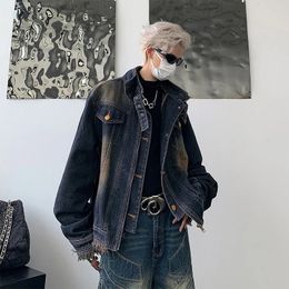 Mens Jackets Mens Spring and Autumn denim jacket Street jacket Couple wool edge revolving door collar Long sleeved zipper single chest denim top 231213