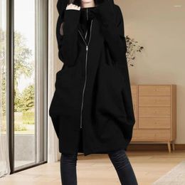 Women's Hoodies Ladies Large Pockets Coat Hooded Mid-length Sweatshirt Jacket With Zipper Placket Big Solid Colour Two For Fall