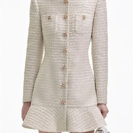 Basic Casual Dresse 2024 Dress Tweed Little Fragrance British royal style Round Neck Long Sleeve Off White Underdress Couture Luxury 231212