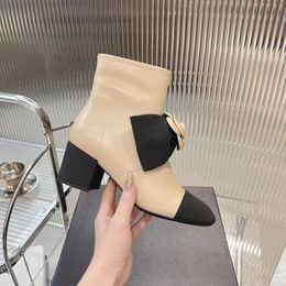 Factory direct sales fall winter hot catwalk camellia bow boots mixed color chunky heel short boots femal 6cm high heel work boots size 35-41