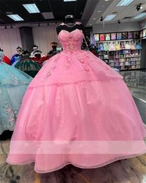 Mexico Pink Sweetheart Ball Gown Quinceanera Dress For Girls Beaded 3D Flowers Birthday Party Gowns Tiered Prom Dresses 322