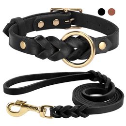 Dog Training Obedience Soft Real Leather Collar and Leash Set Adjustable Braided Dogs Collars 150cm Lead Rope for Medium Large German Shepherd 231212