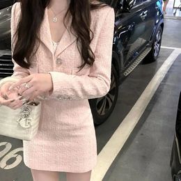 Two Piece Dress Korean Notched Tweed Jacket Pink Blazer Mini Plaid Skirt Two Piece Sets Womens Outifits Autumn Winter Clothes Suits 231212