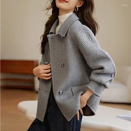 Women's Jackets High Quality Wool Coat Womens 2023 Winter Elegant Simple Loose Double Breasted Tweed Jacket Lapel Long Sleeve Cropped T