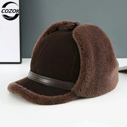 Trapper Hats Real Fur Wool Hat Unisex Winter Warm Bomber Russian Ushanka With Ear Flaps Cow Leather Thick Snow Earflaps Baseball Cap 231213