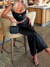 Women's Tanks Women Cut Out Halter Crop Top Spaghetti Strap Peplum Satin Cami Twist Front Wrap Silky Shirt Going