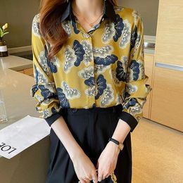 Women's Blouses Satin Silk Shirt Long Sleeve Spring Yellow Floral Top Single Breasted Turn-down Collar Lightweight Casual Shirts ST25