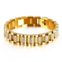 High Quality Gold Colour Watchband Chain Bracelets Stainless Steel Rose CZ Crystal Zircon Biker Link Bracelets Bangle Jewellery For M241C